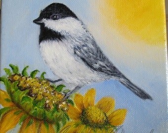 SALE! Chickadee Bird and Sunflowers Oil Painting ~ Shipping Included