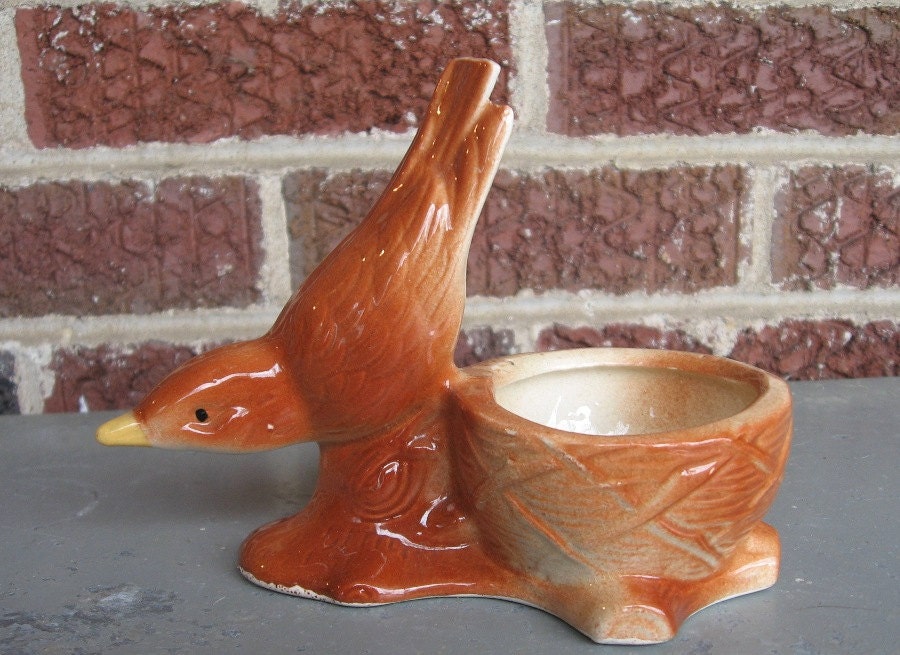 bird nest planter vintage flower pot pottery ceramic figurine