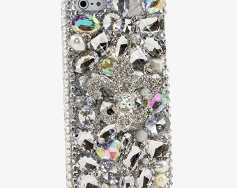 iPhone 7 SE 6 6s Plus 5 5s / Samsung Galaxy S8 S7 S6 Note Edge Plus / Handcrafted Case Cover 3D Luxury Bling Diamond Silver Fleur De Lis_731