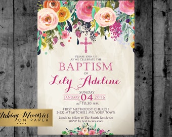 Floral Baptism Invitation. Flower Baptism Invitation, Great for any Baptism, Christening, Dedication ,First Communion. Girl Baptism - sfc