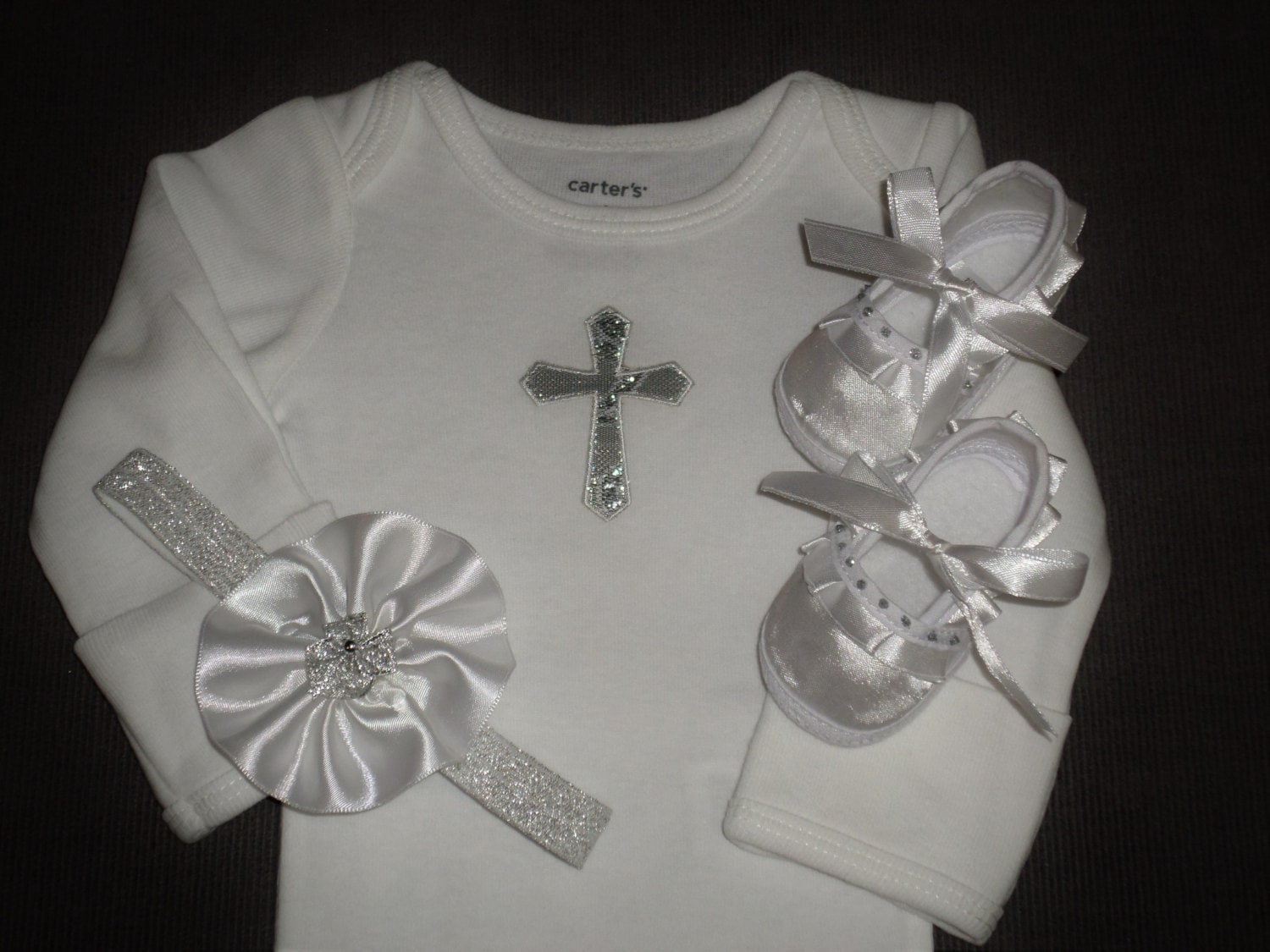 Christening Set For Newborn Baby Girl White Satin Handmade