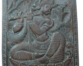 Vintage Decorative Carved Krishna with His Flute Wood Carving Wall Hanging