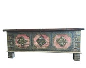 Antique Floral Chakra Carved Chest Sideboard Distressed brass cladded Patina Trunk India