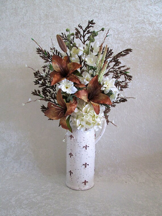 Tall Silk Flower Arrangement in a Cream and Brown Fleur de Lis