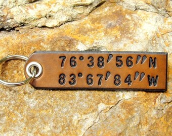 Custom Coordinates Latitude Longitude Keychain leather tag key fob - Secret Places - Favorite Location GPS - Wedding 3rd Anniversary Gift