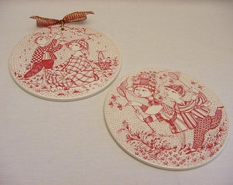 Pair Vintage Bjorn Wiinblad Ceramic Faience Wall Plaques Trivets Nymolle Denmark 1970's