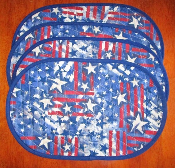 Handmade Quilted Oval Placemats Red White and Blue Patriotic