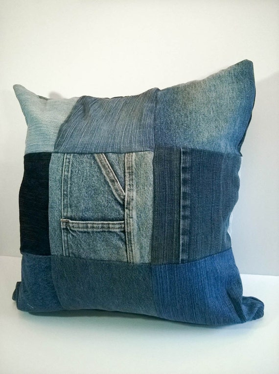 Upcycled Denim Throw Pillow Cover Jean Patchwork Lined