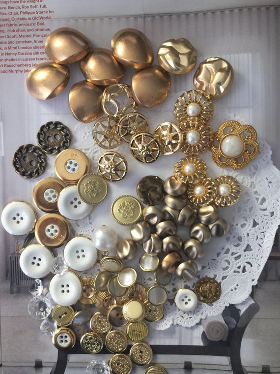 bulk 80 gold metal buttons / gold fancy buttons / lot of gold