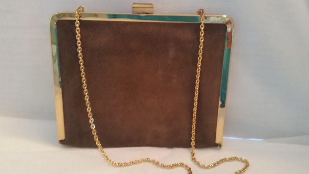 Vintage Etra Brown Suede Evening Purse. Brown Suede and Gold Tone