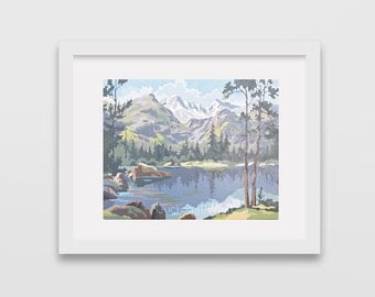 Vintage Paint by Number, mountain, mountain lake, forrest, Print Your Own, Instant Art, Digital Download,