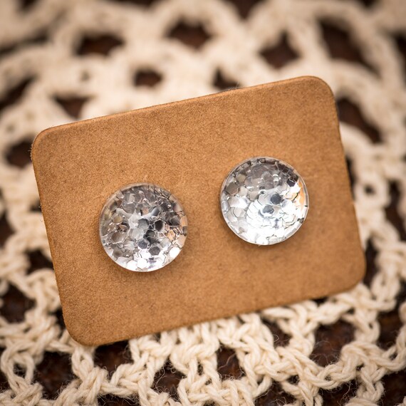 FREE SHIPPING - Glitter Earrings - Glass Stud - Surgical Steel - Silver Glitter - Handmade - Sparkle Gold Green Silver Red Blue