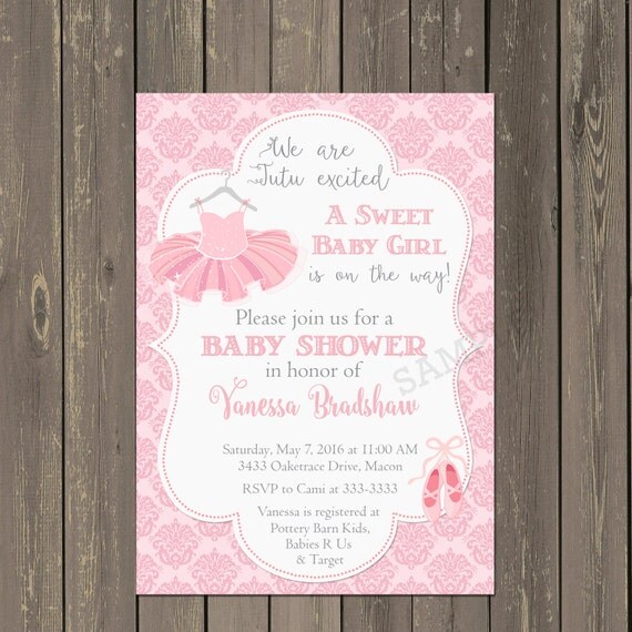 Ballerina Baby Shower Invitation, Tutu Baby Shower Invitation in Pink Damask, Printable or Printed Il_570xn