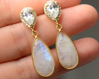 White Moonstone earrings - June Birthstone earrings necklace set - Gemstone moonstone - Bezel Set moonstone , moonstone bridal jewelry set