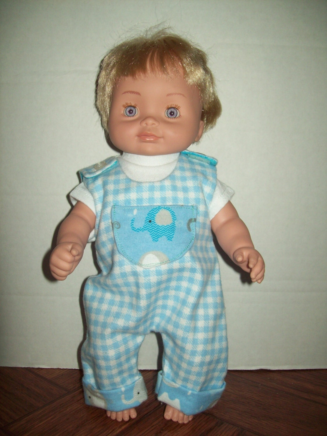 1012 Baby Boy Doll blue Gingham overall outfit