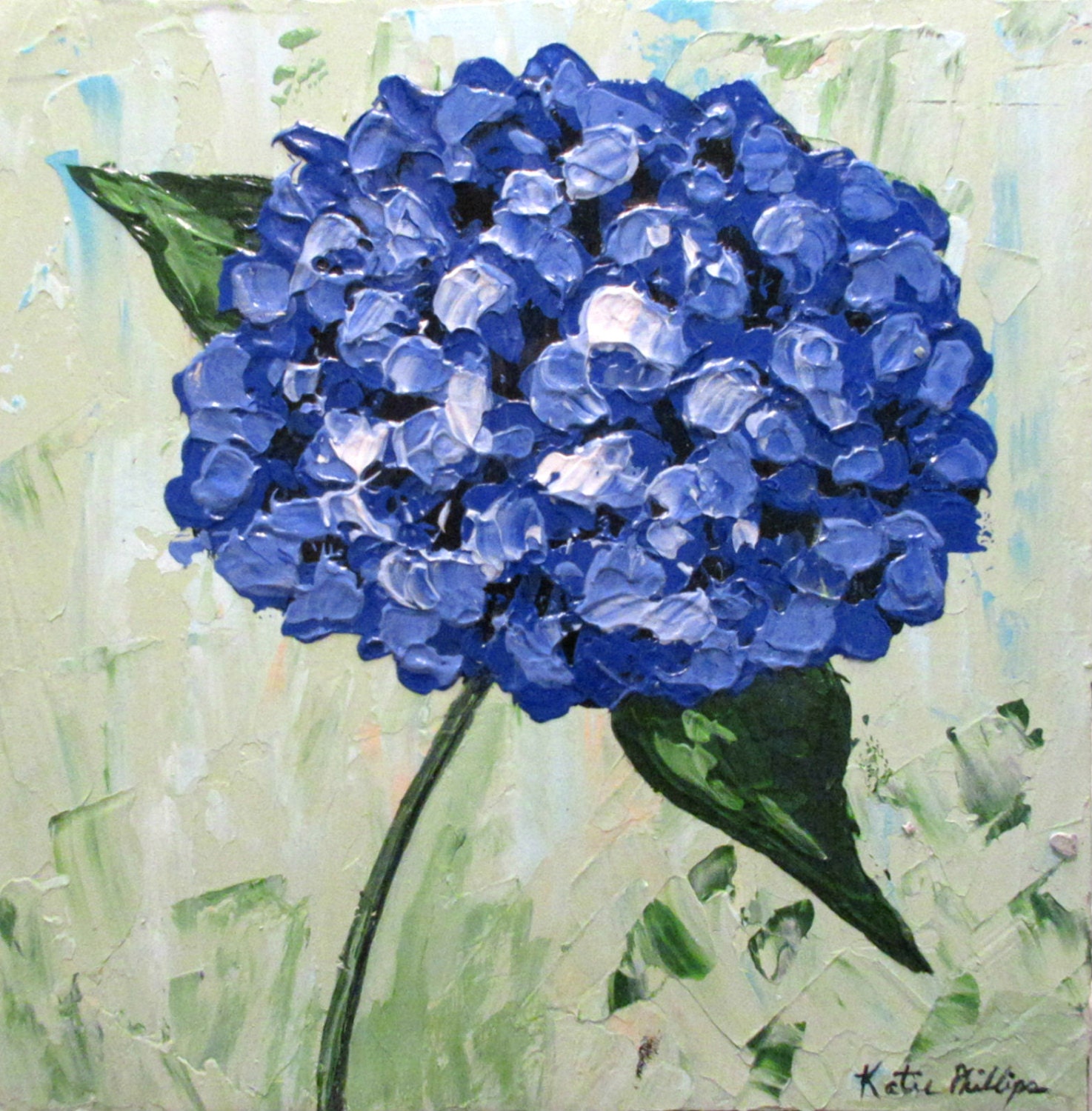 Hydrangea Painting Single Blue Hydrangea Bloom Acrylic on