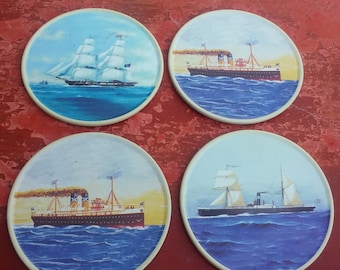 Vintage set of 4 coasters, souvenir of Greece, boat coasters, Greek souvenir, Greek boats, Greek flag (Varv/syr3)