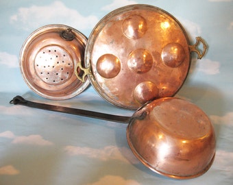 Vintage Copper Egg Poacher Pan, cast iron riveted handle, long handled cookware, 3 pieces