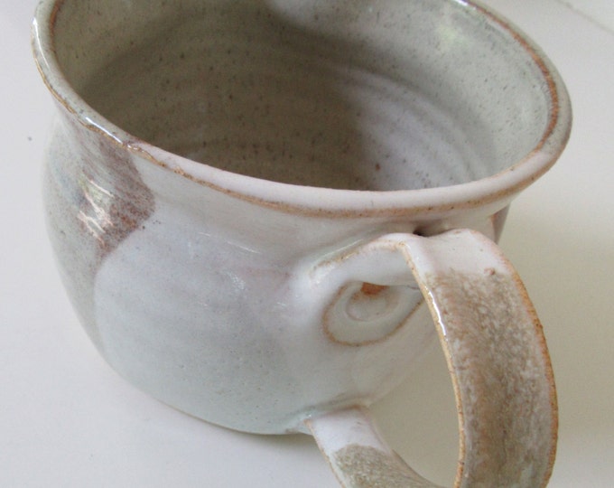 Hand Thrown Clay, Milk or Juice Pitcher, Vintage, Beige White Tan, holds 2 cups, perfect handle spout, friend's gift, US pottery wheel, art