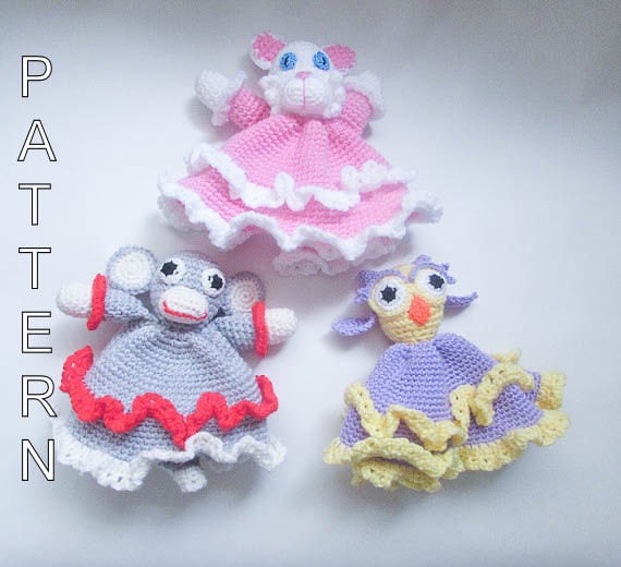 Crochet Pattern Cat Monkey Owl Mini Lovey Blankie Comforter