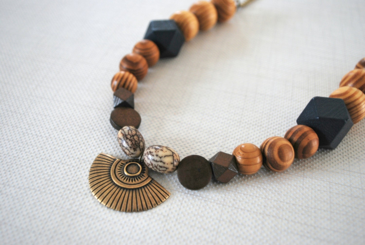 Ethnic Necklace Wood Beads and African Pendant Tribal