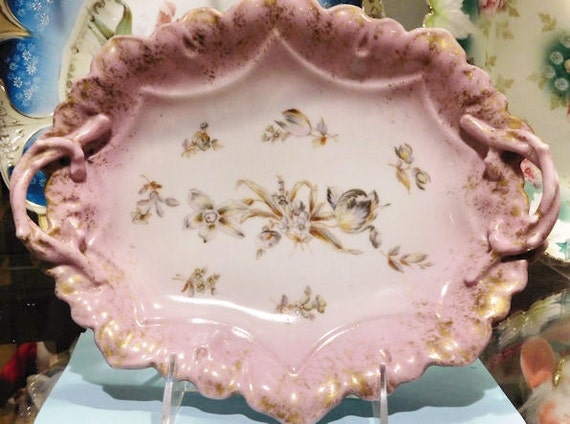Antique Bread Tray ALTROHLA Austria Victorian 1800s Porcelain Handle Dish Aesthetic Movement Floral Transferware Cottage Chic Romantic Decor