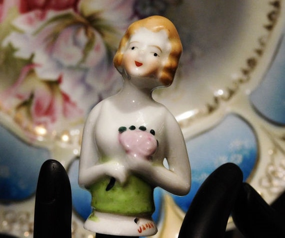Half Doll Japan Porcelain Pincushion Pin Cushion Doll 1920s 1930s 30s Art Deco Flapper Girl Vanity Boudoir Antique Hand Painted Half Doll
