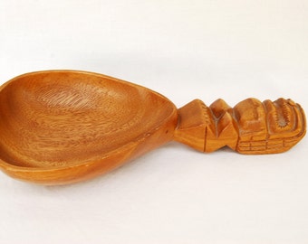 Vtg Tiki Bowl Wood Spoon Serving Dish Hand Carved Teak Polynesian Wooden Retro Hawaiian Decor