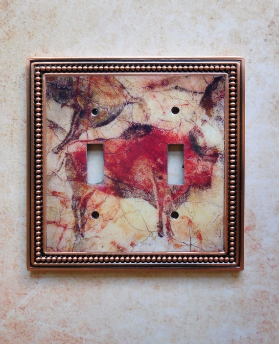 Art Switchplate: The Art of Prehistory - Altamira Bison, double toggle light switch plate, framed in beaded copper.