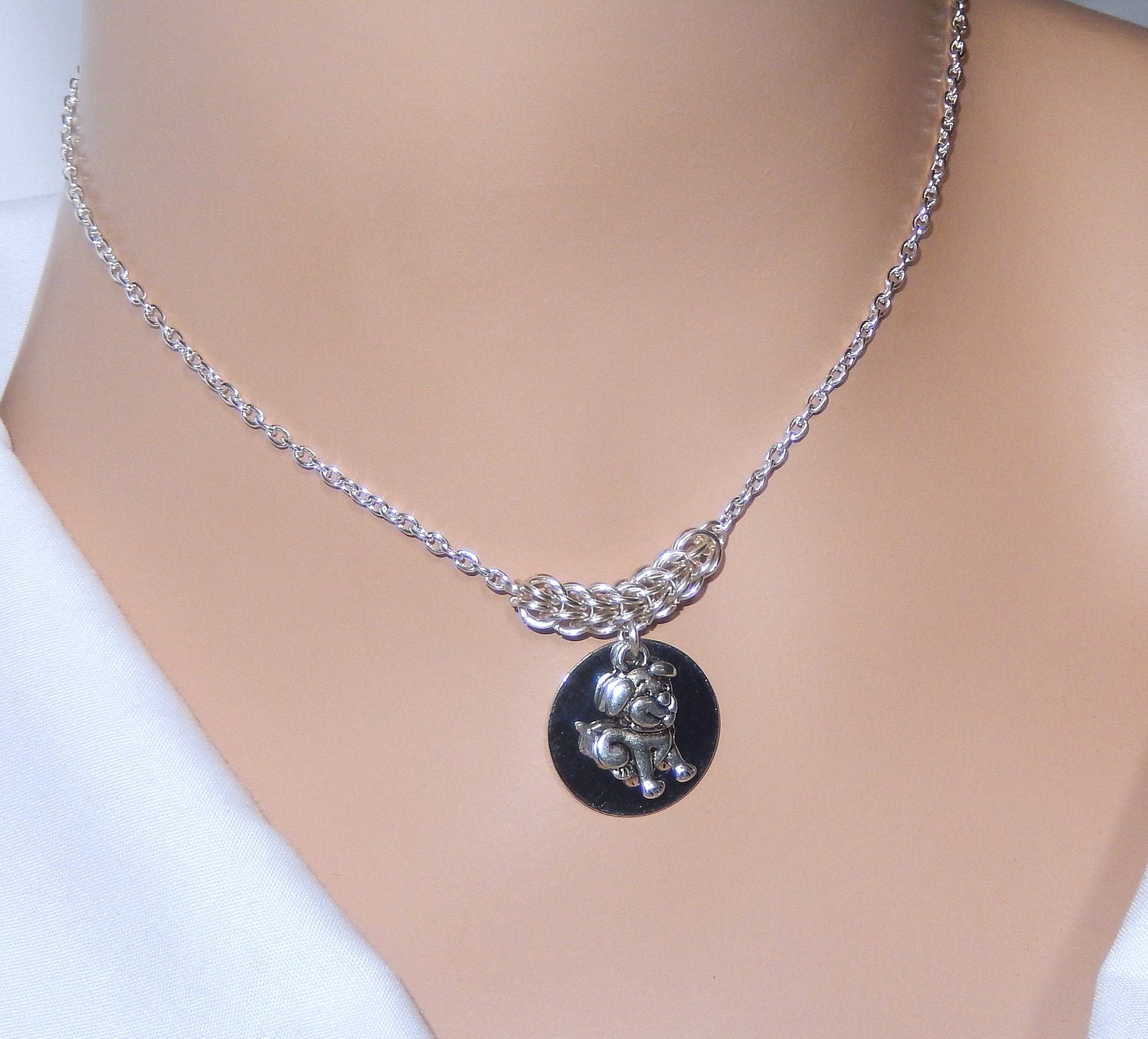 Silver dog necklace, chainmaille necklace, charm pendant necklace