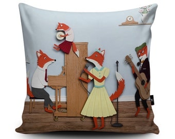 Foxes Cushion, Fantastic Mr Fox Pillow, Musical Cushion Cover, Nursery Decor, Fox Pillow, Fox Family Cushion, 18/24 inch, 45/60cm Faux Suede