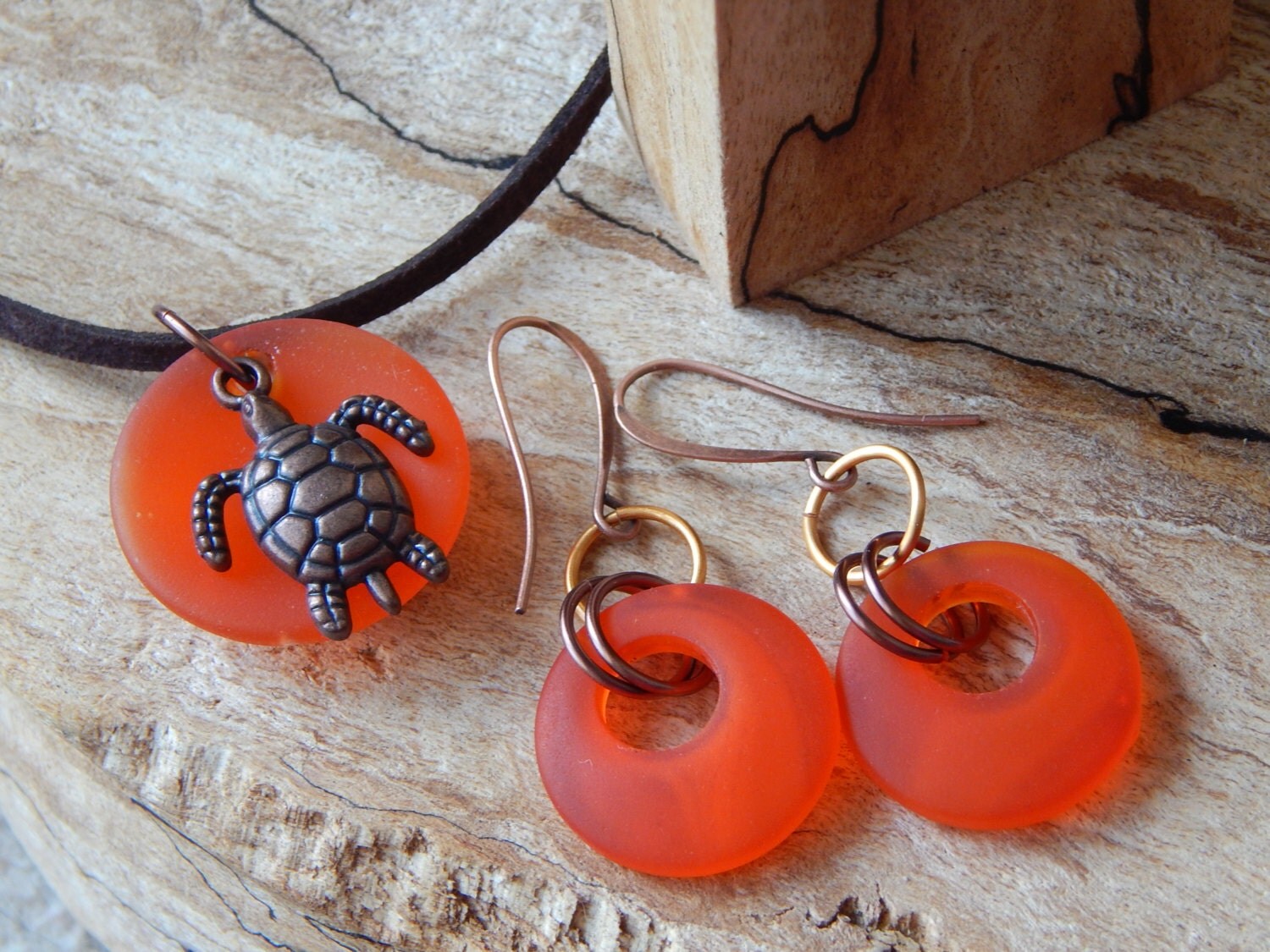 Orange Glass Jewelry Set Necklace Earrings by UniqueChiqueJewelry