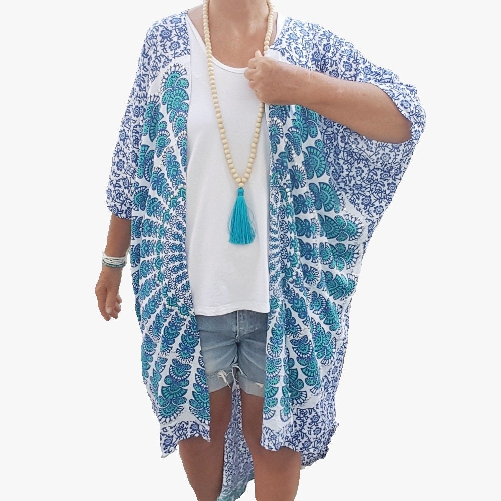 Beach cover up Boho Kimono Long Flowy Blue & turquoise