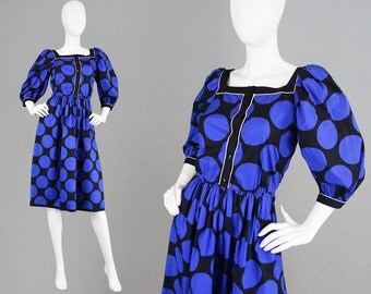 Vintage 80s LOUIS FERAUD Puff Sleeve Dress Black and Blue Large Polka Dot Dress Midi Dress Big Sleeves French Designer Cotton Evening Dress