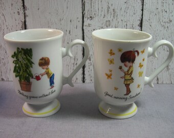 Moppets pedestal mugs by Fran Mar 1975 Porcelain made in Japan