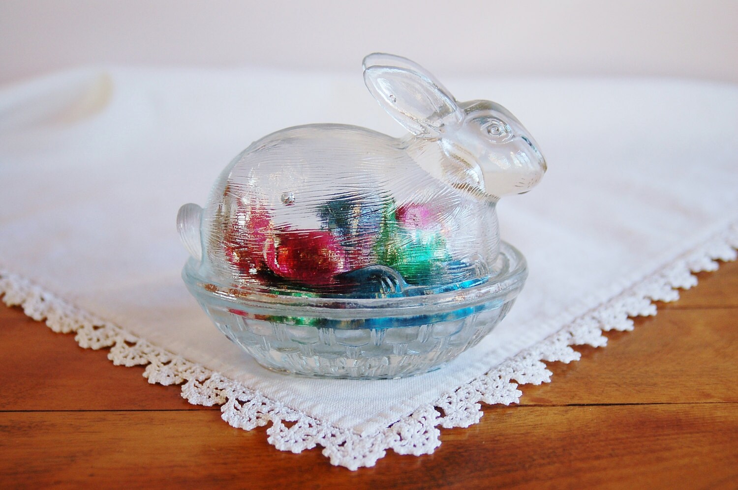 Glass Rabbit on Nest Candy Dish Easter Decor Clear Pressed