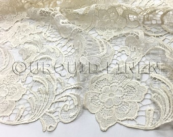 English Lace in Ivory - Lace Fabric with Floral Embroidered Design Throughout - Great For Weddings, Bridal Parties, and Special Events