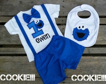 Boys Cookie Monster Birthday Outfit available in Bodysuit and Legwarmers or Shirt and Shorts with Bib