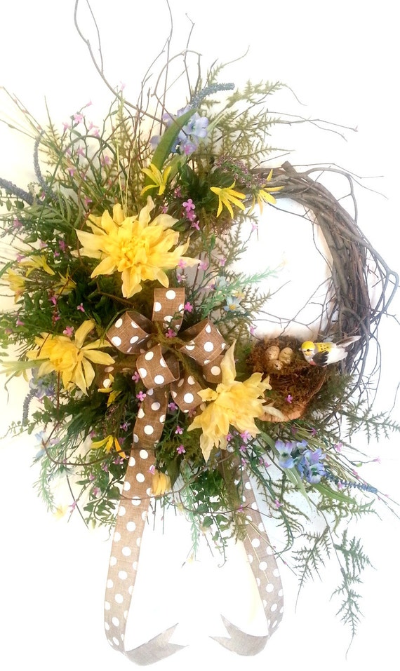 Birch Wreath Bird Nest Wreath Yellow Spring by ArtificialWreaths