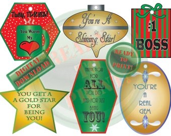 6 Christmas Gift Tags Printable Teacher Present Boss Appreciation Gift Label Thank You Holiday Ornaments Star Present Coffee Mug Heart Bow