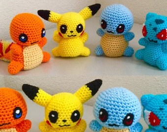 Crochet Pattern set of a Charmander, Pikachu, Squirtle and Bulbasaur amigurumi pattern - kawaii chibi pattern set Instant Download