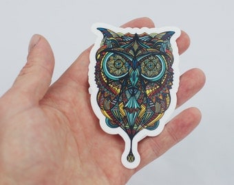 Owl Sticker, Hand Drawn Owl Design Laptop Sticker, Trippy Sticker, Tribal Owl Art, Art Sticker, Bumper Sticker, Owl Laptop Sticker, Color