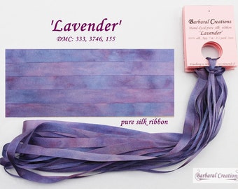 Hand dyed 7 mm wide pure silk ribbon, soie ruban - 'Lavender'