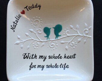 Personalized Ceramic Ring Dish, ring holder- Anniversary, Valentine's Day, engagement ring dish