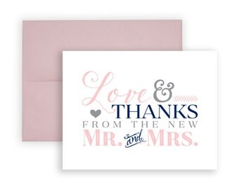 Wedding Thank You Card Set: Love & Thanks from the new Mr. and Mrs. | Blush Pink • Navy Blue • Grey | 4.25 x 5.5 folded note cards PRINTED