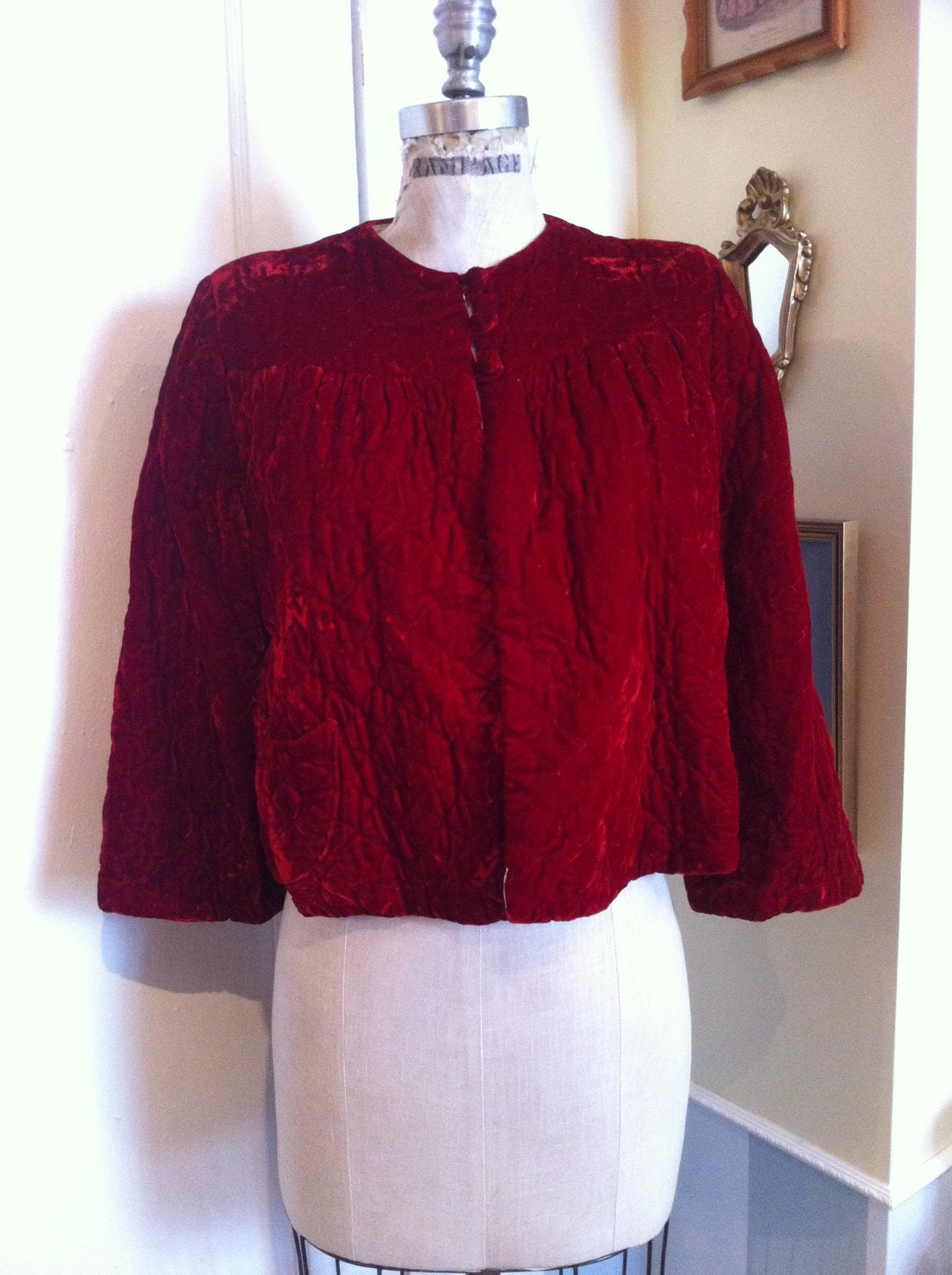 Vintage 1930's Red Velvet Quilted Bed Jacket