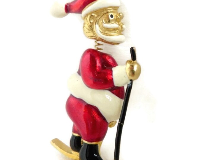 Vintage Brooch - Santa Claus Vero Brooch, Bobble Head Skiing Santa Pin
