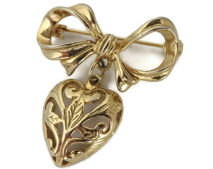 Dangling Heart Brooch, Vintage Gold Tone Bow and Heart Pin