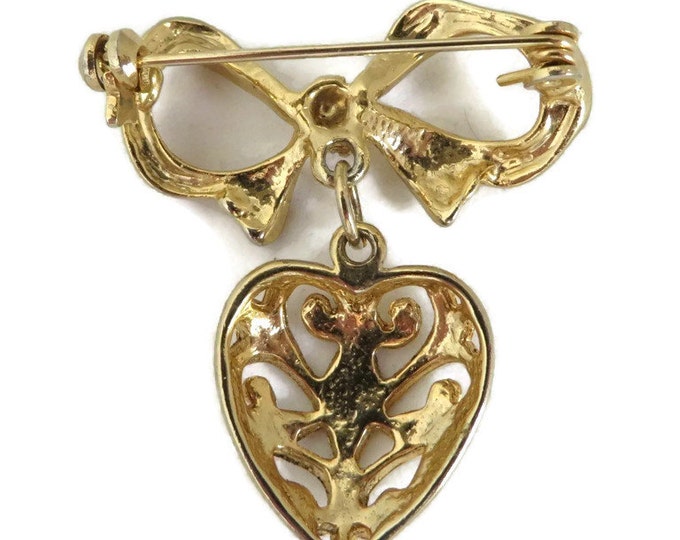 Dangling Heart Brooch, Vintage Gold Tone Bow and Heart Pin