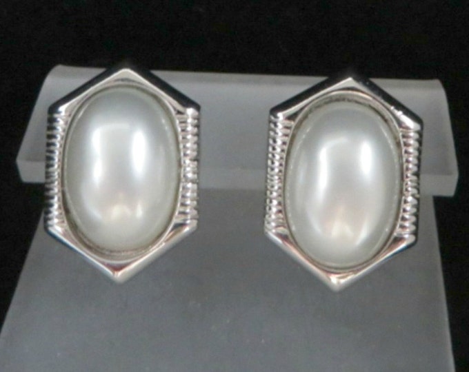Trifari Faux Pearl Earrings, Vintage Silver Tone Pierced Stud Earrings, Signed Designer Jewelry